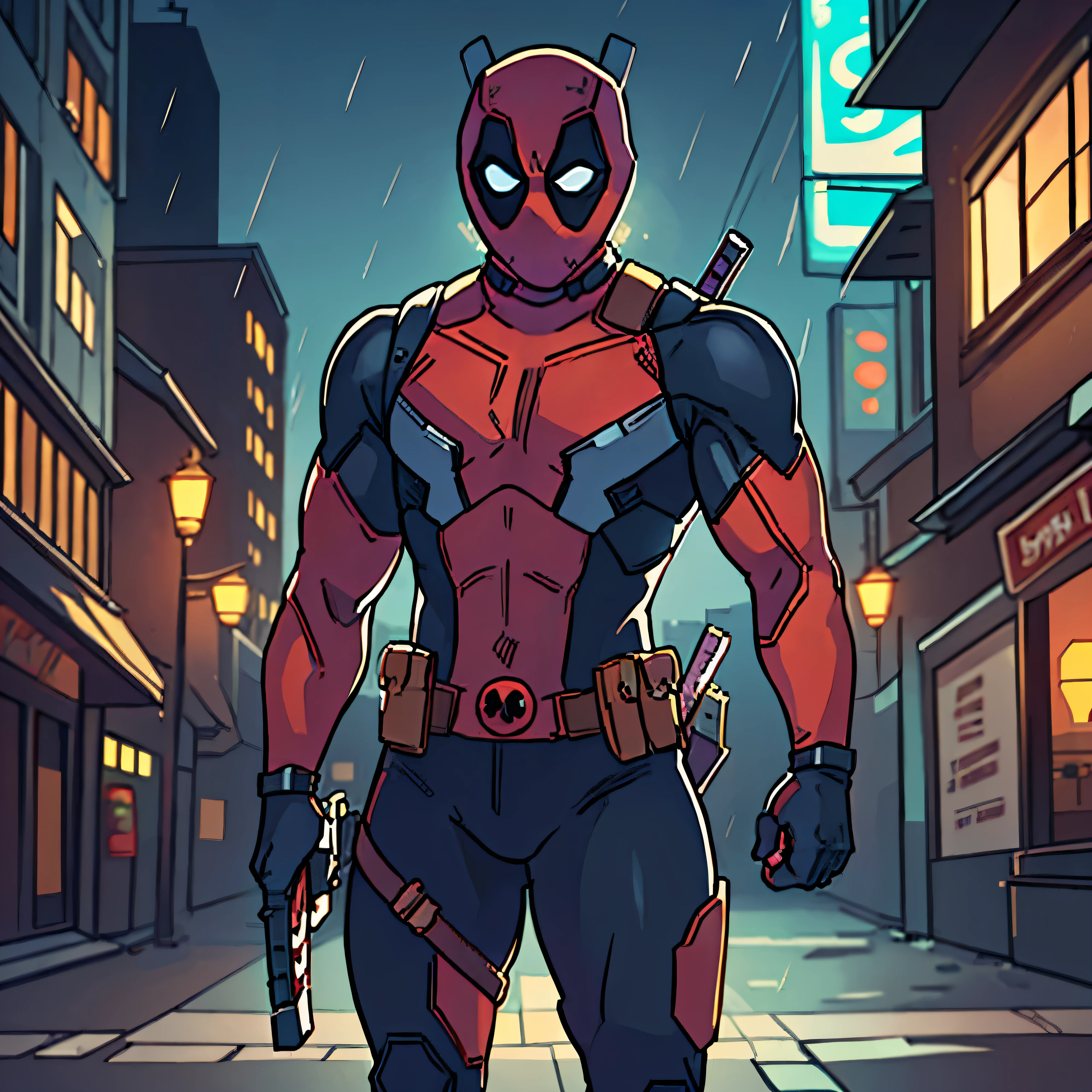 ((Gorepunk)),(Cyborg Deadpool:1.2) In the rain, (skull mask:1.2), muscular, dark and rainy night, Dark cityscape ((masterpiece)), (Best Quality), HdR, detailed background, Jim Lee