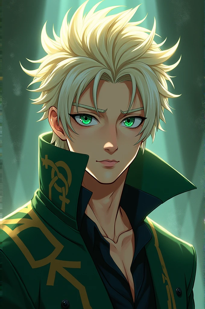 Demon Slayer character, man, green eyes, with blond hair with white