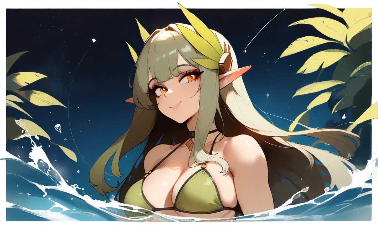 1girl, muelsyse \(arknights\), arknights \\\\\ masterpiece, best quality, very aesthetic, absurdres, newest \\\\\\ simple background, space background. lime bikini, greenery, water, orange eyes,elf ears, slim body,///// ,by nyantcha, , cutesexyrobutts,khyle ,,////// 18 years old girl,thin waist ,,solo, , stars, ^_^, portrait, ,detailed face, , bare neck