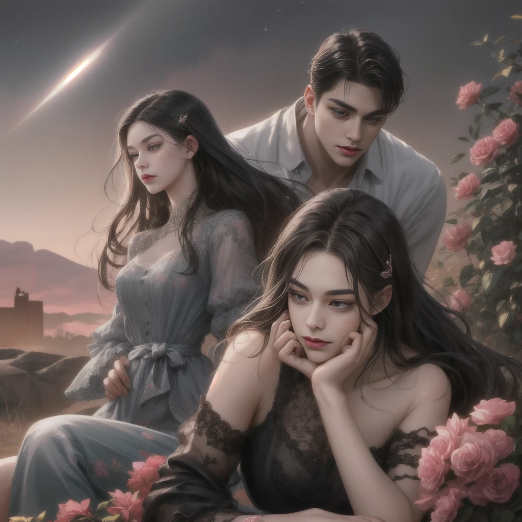 Happy couple, 1 girl 1 boy, Different hair color, Extraordinarily detailed face, Long black bangs and brown eyes. A young woman with long hair, a hair clip, a hair pin.,, A man with black hair, an open forehead, and dark grey eyes.,, Face to face, 35 years old, , (Young woman in a pink floral dress), (Young man in jeans ), The light is dim.,, The boy is tall, has broad shoulders, a sharp face, and fierce eyes., Height difference , Background, night, grassland, lights, sitting, summer, desert, Pink clouds, A land full of roses, Art Station Display, Ultra Wide Lens, high definition,