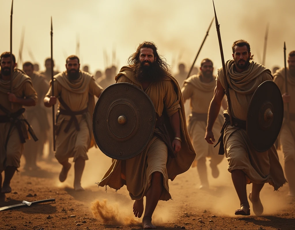 cena principal: Philistines in panic, fleeing in various directions. Their faces must express terror and despair..
context: The battle can be seen in the background, with the battlefield in disarray. Davi, or another hero, may be in the background, highlighting the reason for the panic.
atmosphere: Use dramatic lighting to heighten fear, with shadows and sharp contrasts. Dust and disorder in the field increase the feeling of chaos.
Additional Detail: Include elements such as fallen shields, swords on the ground and other signs of battle to reinforce the escape scene.