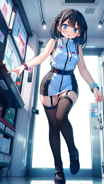 (Highest quality), (masterpiece), 1080P, High resolution, 4K, 8k, Inside the space station、Futuristic room、Thigh straps, Shooting from directly below, The woman on top of me, 白いSweat, Covered , Sweat, Woman looking down, Skirt swimsuit, Thigh-high socks, To achieve this, 16 years old, , whole body, Black leather shoes, Braided hair, Inner Color, Embarrassed face, Short black hair, bracelet, Bedroom,celestial body_Vest
