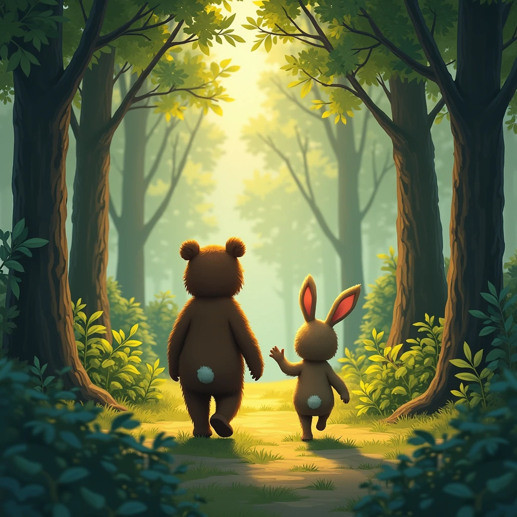 "Benny the bear and Rosie the rabbit walking through a dense, mysterious part of the forest. The trees are tall and close together, with sunlight filtering through the leaves, creating a dappled light effect on the ground."