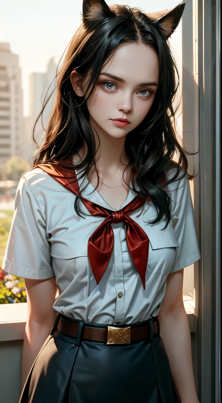 very young slim fit girl, pioneer neckerchief, very short blue skirt, bangs, collarbone, tight white shirt, bursting breast, short sleeves, collared shirt, belt, red neckerchief, full height, rounded face, very long straight hair, big brown eyes, evil smile, perfect flat breast, band on head with fake cat ears, chri5tinaricci9899, realrussian, seductive pose, looking at viewer, 8k vector photography, young teen, beautiful eyes, realistic lighting, detailed outfit, realistic facial features, hyper detail, masterpiece