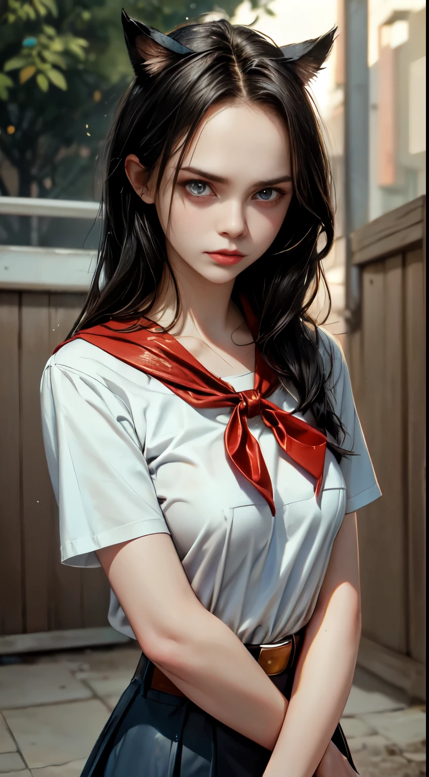 very young slim fit girl, pioneer neckerchief, very short blue skirt, bangs, collarbone, tight white shirt, bursting breast, short sleeves, collared shirt, belt, red neckerchief, full height, rounded face, very long straight hair, big brown eyes, evil smile, perfect flat breast, band on head with fake cat ears, chri5tinaricci9899, realrussian, seductive pose, looking at viewer, 8k vector photography, young teen, beautiful eyes, realistic lighting, detailed outfit, realistic facial features, hyper detail, masterpiece