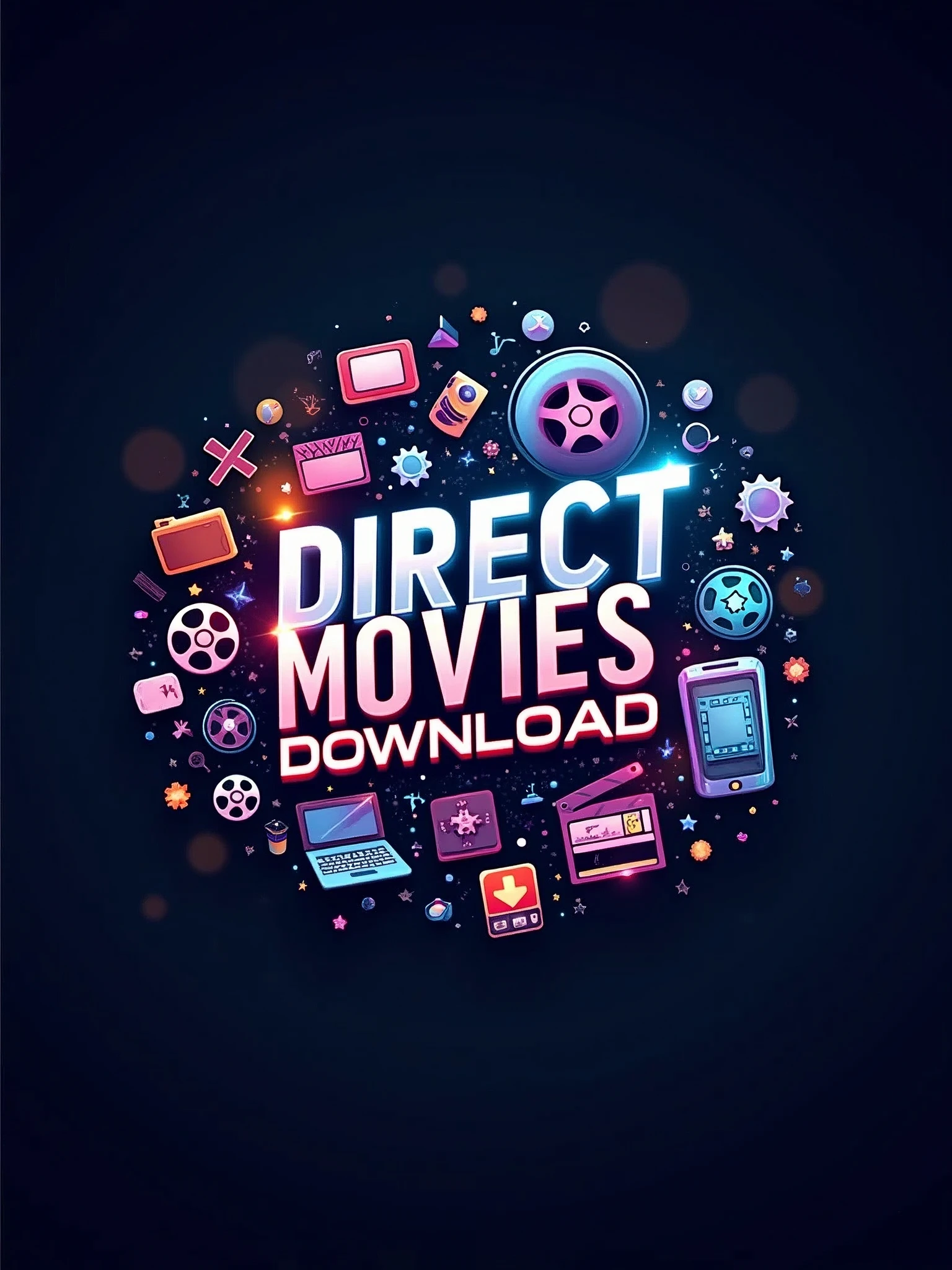 A logo with text direct movies Download,,bacground lots of movies graphics,audo graphic,video loflgo graphic