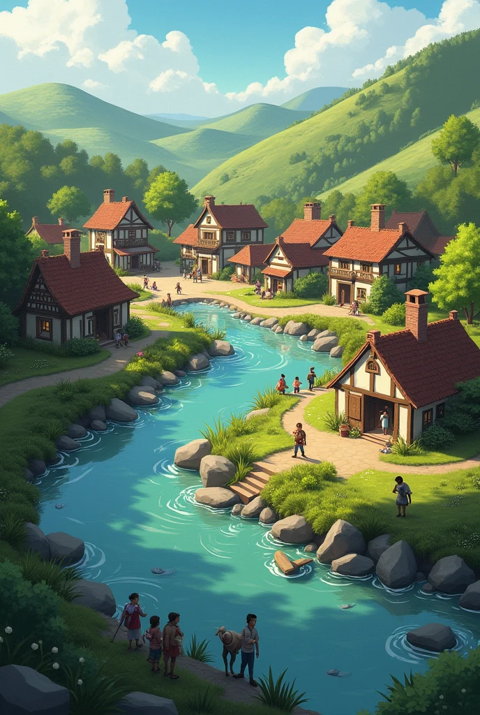 The village looks peaceful, but the river’s flow appears restricted.