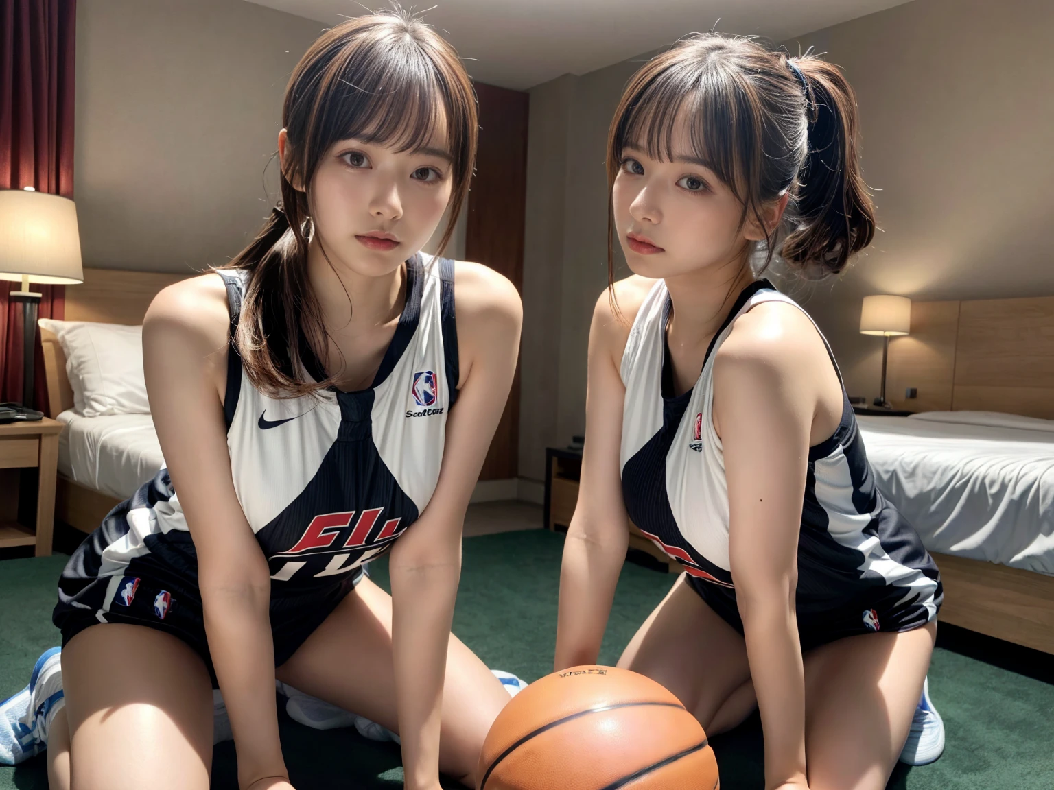 masterpiece, best quality, illustration, Super detailed, fine details, High resolution, 8K,wall paper, perfect dynamic composition,(Details High quality, realistic depiction of eyes:1.3), (2 girls), (NBA),(basketball sportswear),(play basketball),(reality), low ponytail, in a hotel room in the background, deep on field, large breasts, black hair color, Big Natural Color Lip, (perfect body shape), crying a little、Harajuku style、20 year old girl、cute type、beautiful legs, Gravure Idol