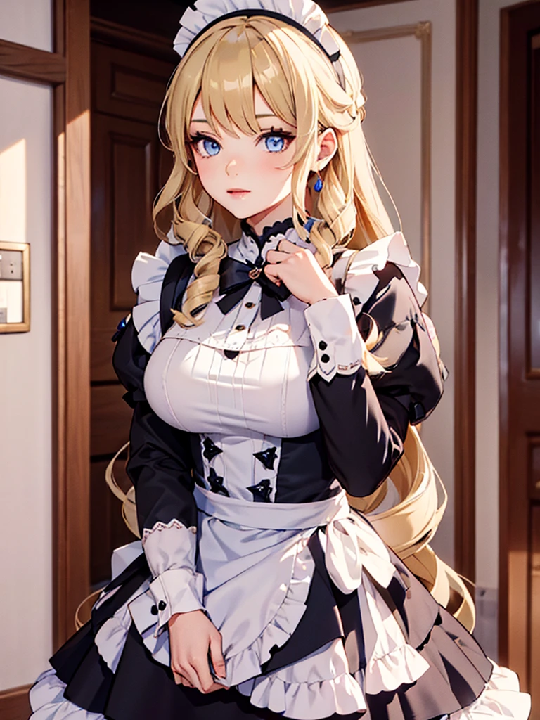 (Navia), 1girl, as a maid, wearing a maid outfit, at a home, blonde hair, 8k, high detailed, high quality