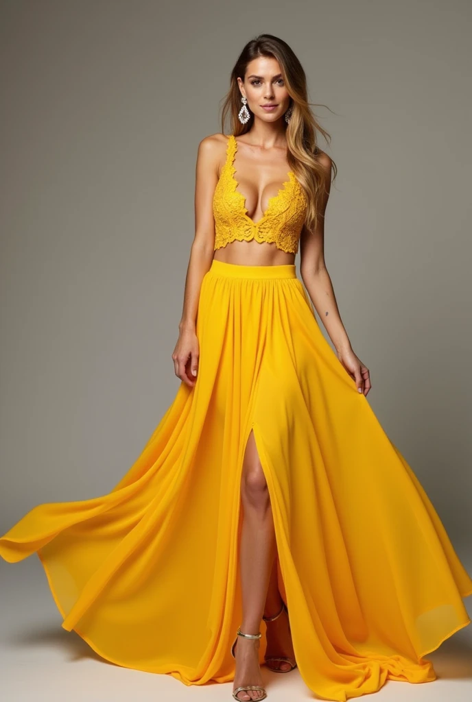 Flowy yellow dress with an amber crochet bodice with a midriff-baring cut and a thigh-high slit.