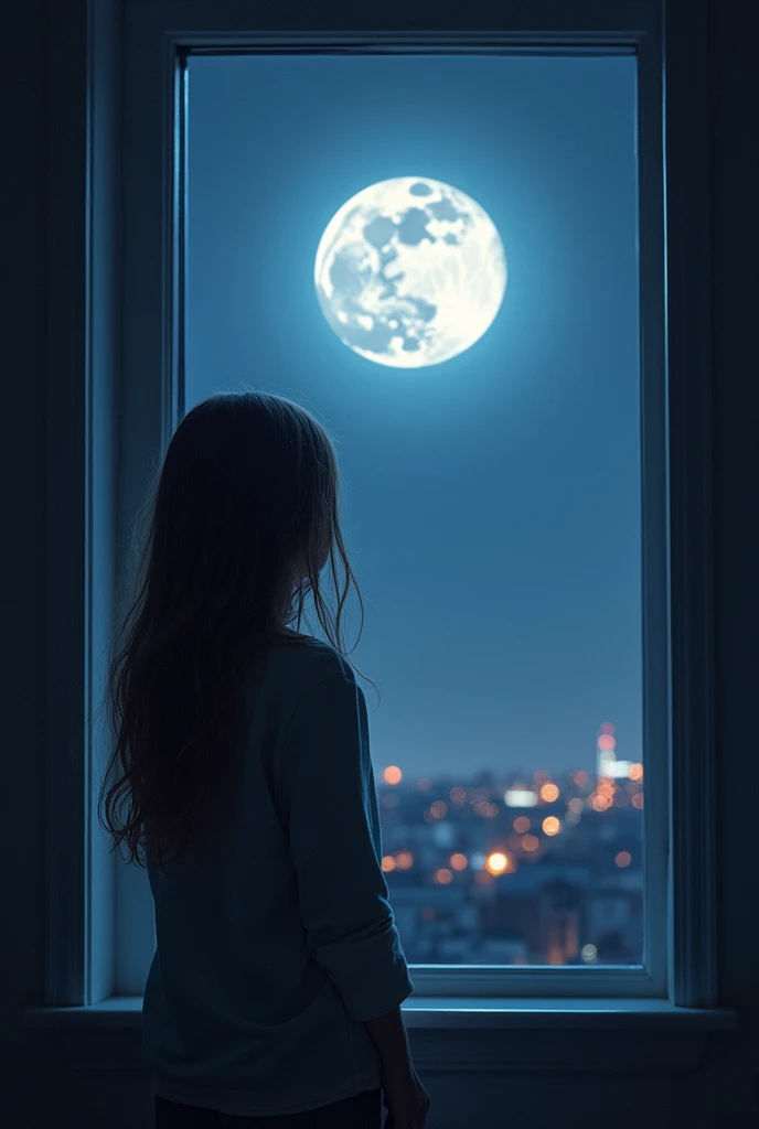 A girl looking at moon outside of window