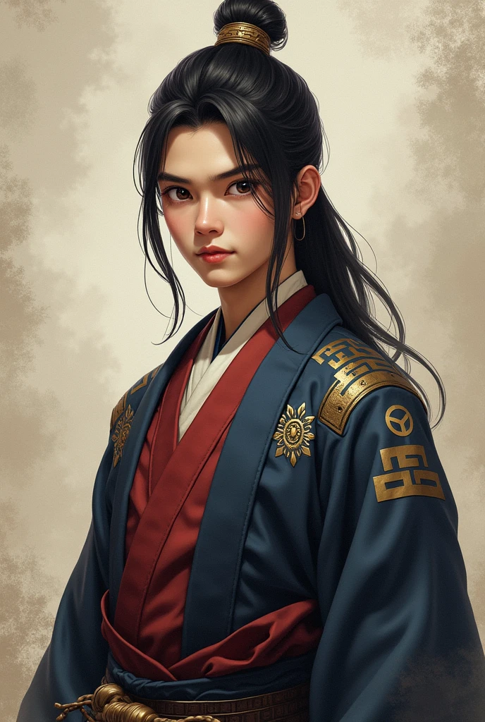 A black and long hair and handsome face boy little bit younger with his samurai cloths taking a realistic photo
