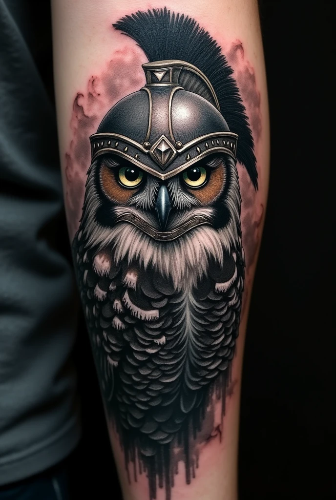 Owl tattoo with gladiator helmet black scale
