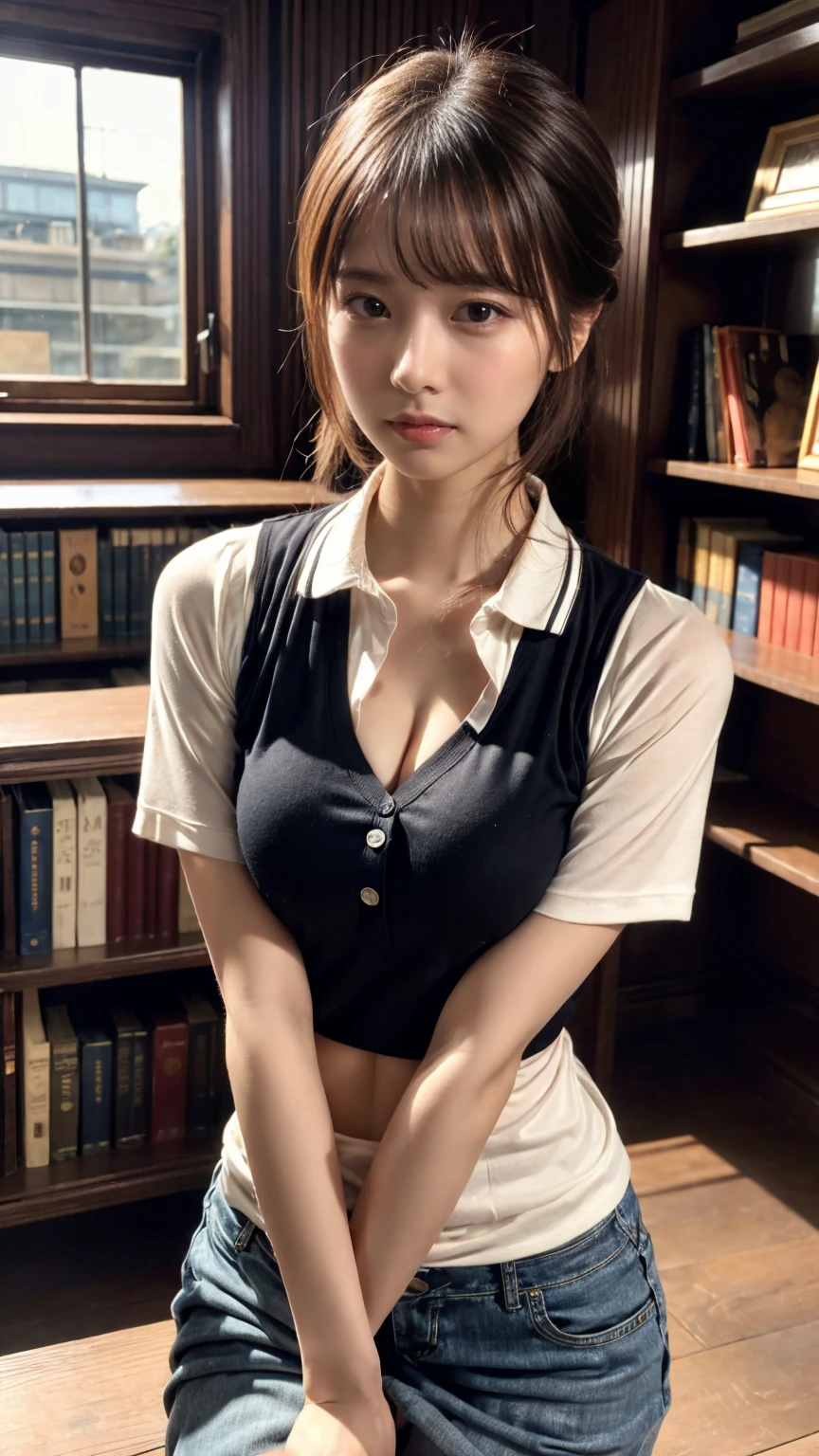 ((masterpiece))、((Highest quality))、photograph、reality、high resolution、Advanced Depth of Field、Get used to it、Realistic lighting、secretary、20-year-old、Delicate features、Updo、Realistic background and accessories、Big and ample breasts、Sexy lips、A quiet and dark library、A tight polo shirt that expresses the roundness and softness of the chest area...、Unbutton、close、West Shot、Troubled face、evening、Attractive appearance、Crying a little、Cold Stare,