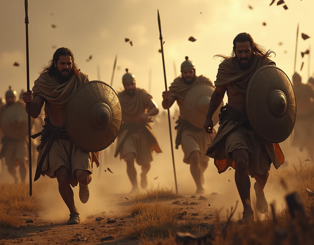cena principal: Philistines in panic, fleeing in various directions. Their faces must express terror and despair..

context: The battle can be seen in the background, with the battlefield in disarray. 

atmosphere: Use dramatic lighting to heighten fear, with shadows and sharp contrasts. Dust and disorder in the field increase the feeling of chaos.

Additional Detail: Include elements such as fallen shields, swords on the ground and other signs of battle to reinforce the escape scene.