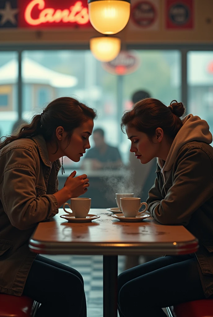 Poor woman talking to a friend in a diner in 1990
