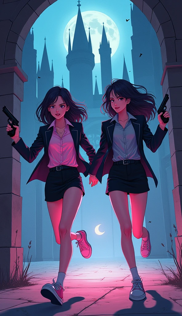 Two girls, yuri,(The first girl wear a pink shirt, black suit, black pencil skirt, black underpants, white socks, pink sneakers) and (The second girl wore a grey shirt, black suit, black pencil skirt, black underpants, white socks, grey sneakers) holding a handguns, run to the entry of vampire castle, angry eyes, smile, novel cartoon, 4K, HD