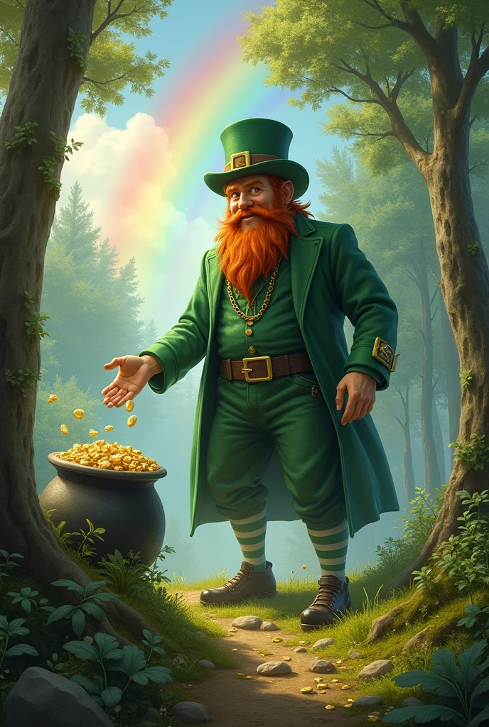 a forest in the background next to a rainbow in the sky and a giant taking a pot of gold from a leprechaun