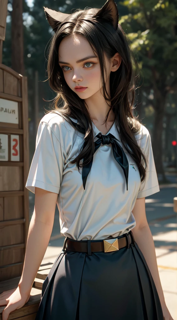 very young slim fit girl, pioneer neckerchief, very short blue skirt, bangs, collarbone, tight white shirt, bursting breast, short sleeves, collared shirt, belt, red neckerchief, full height, rounded face, very long straight hair, big brown eyes, evil smile, perfect flat breast, band on head with fake cat ears, chri5tinaricci9899, realrussian, seductive pose, looking at viewer, 8k vector photography, young teen, beautiful eyes, realistic lighting, detailed outfit, realistic facial features, hyper detail, masterpiece