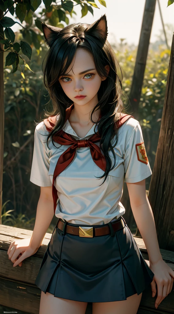 very young slim fit girl, pioneer neckerchief, very short blue skirt, bangs, collarbone, tight white shirt, bursting breast, short sleeves, collared shirt, belt, red neckerchief, full height, rounded face, very long straight hair, big brown eyes, evil smile, perfect flat breast, band on head with fake cat ears, chri5tinaricci9899, realrussian, seductive pose, looking at viewer, 8k vector photography, young teen, beautiful eyes, realistic lighting, detailed outfit, realistic facial features, hyper detail, masterpiece