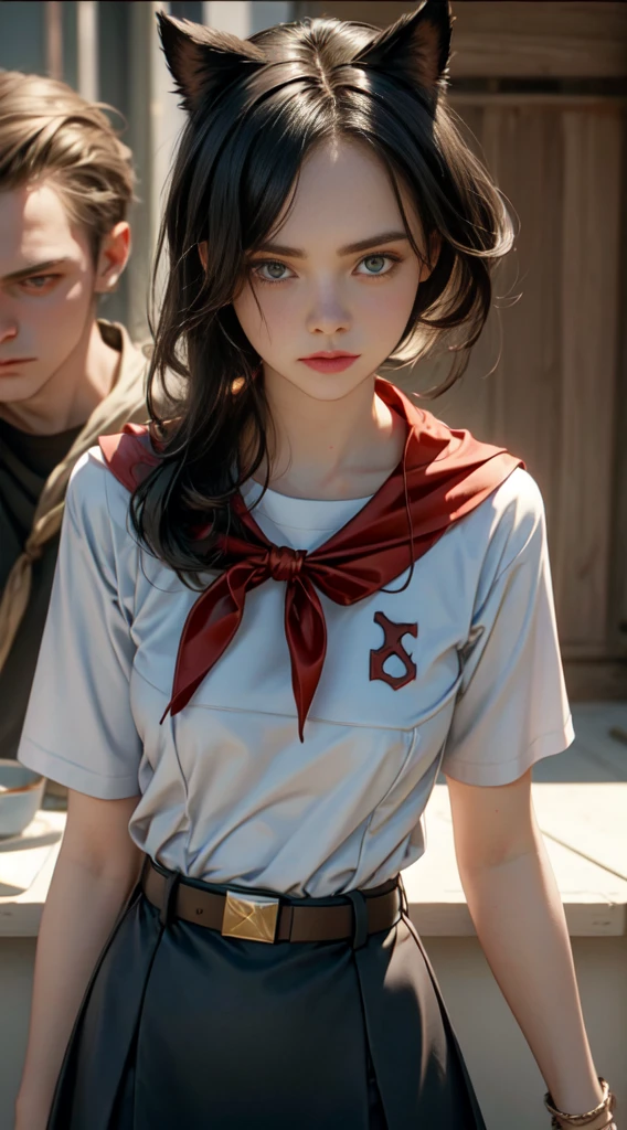 very young slim fit girl, pioneer neckerchief, very short blue skirt, bangs, collarbone, tight white shirt, bursting breast, short sleeves, collared shirt, belt, red neckerchief, full height, rounded face, very long straight hair, big brown eyes, evil smile, perfect flat breast, band on head with fake cat ears, chri5tinaricci9899, realrussian, seductive pose, looking at viewer, 8k vector photography, young teen, beautiful eyes, realistic lighting, detailed outfit, realistic facial features, hyper detail, masterpiece