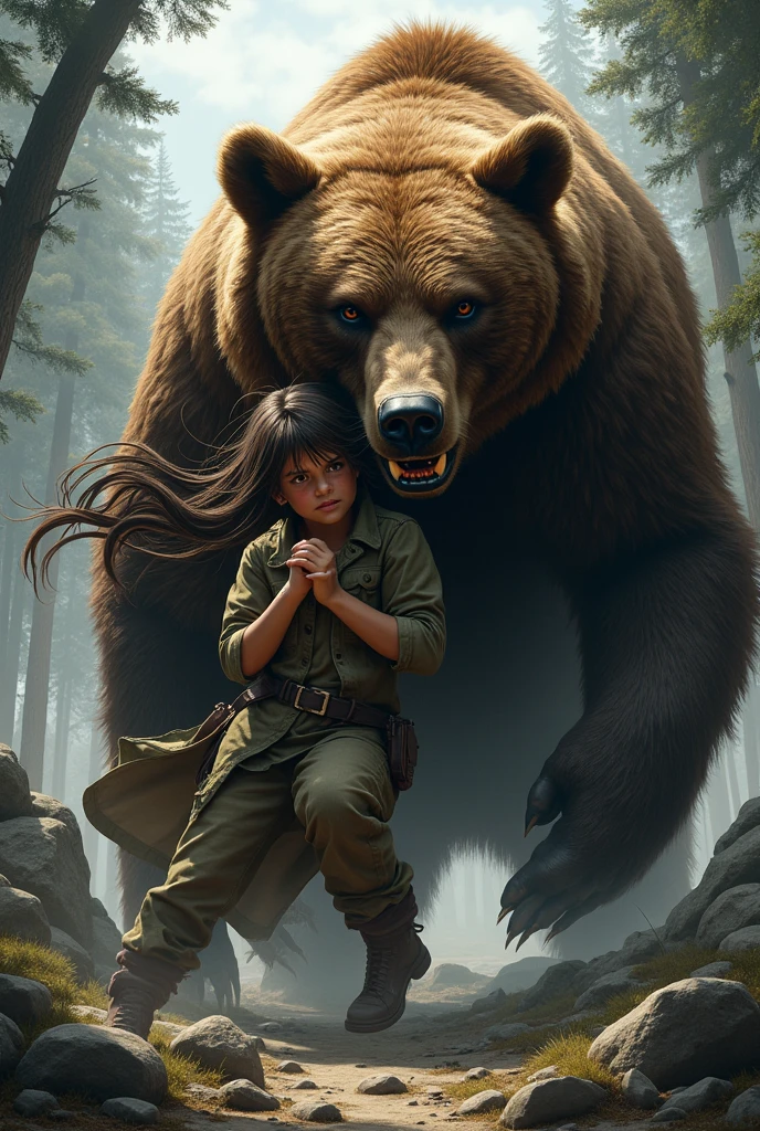 Create a mother and son image mother saving his son with a bear