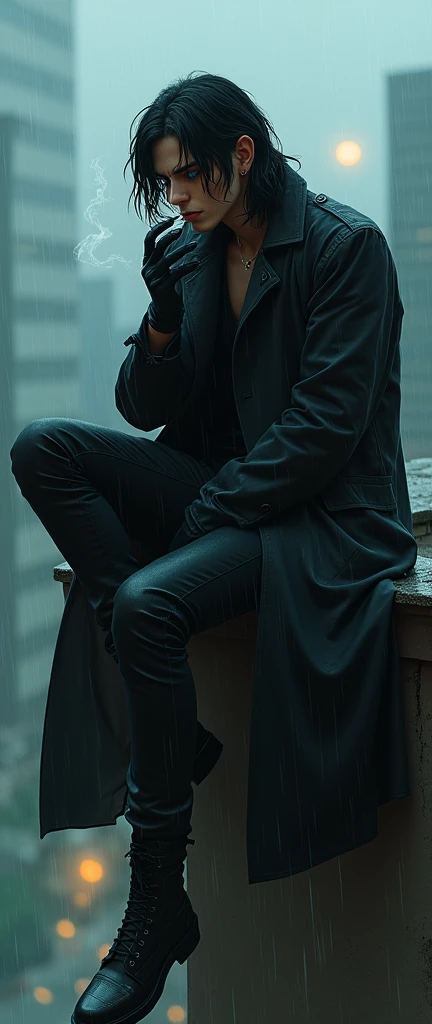 A male with teal blue eyes and long black hair, with a nice and delicate face, wearing black leather jeans, long black boots, and a long black trench coat with black gloves. He is sitting on the edge of the rooftop smoking a cigarette while it's raining. He looks hot, sexy and seductive. 

