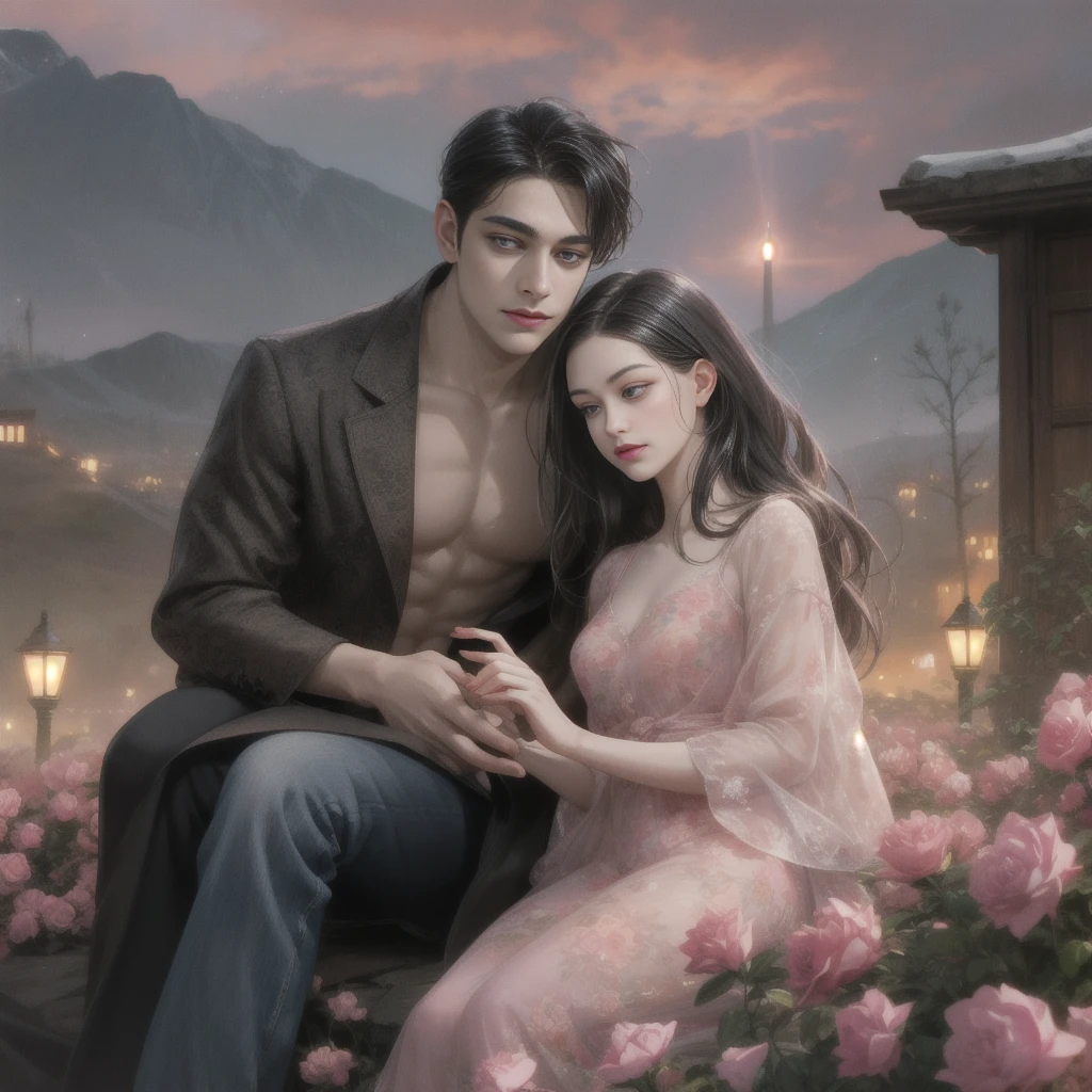 Happy couple, 1 girl 1 boy, Different hair color, Extraordinarily detailed face, Long black bangs and brown eyes. A young woman with long hair, a hair clip, a hair pin.,, A man with black hair, an open forehead, and dark grey eyes.,, Face to face, 35 years old, , (Young woman in a pink floral dress), (Young man in jeans ), The light is dim.,, The boy is tall, has broad shoulders, a sharp face, and fierce eyes., Height difference , Background, night, grassland, lights, sitting, summer, desert, Pink clouds, A land full of roses, Art Station Display, Ultra Wide Lens, high definition,
