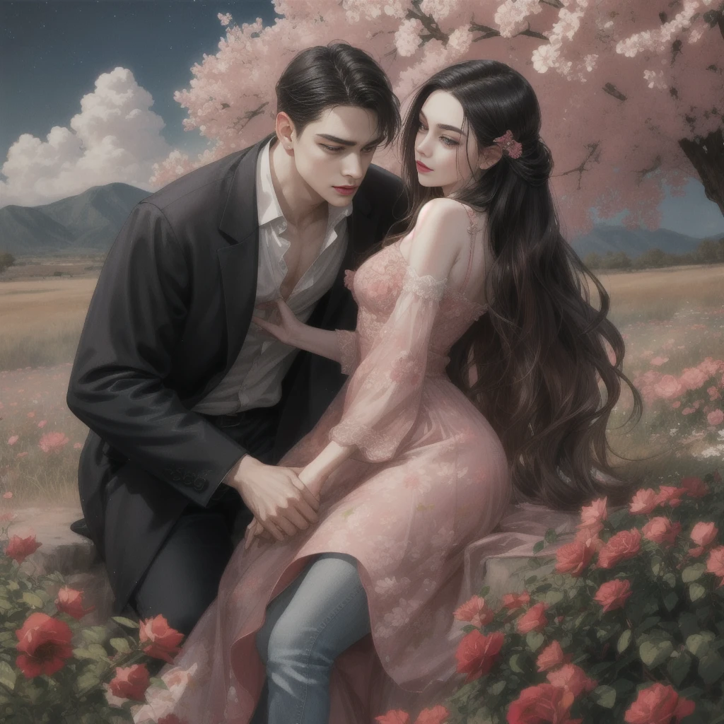 Happy couple, 1 girl 1 boy, Different hair color, Extraordinarily detailed face, Long black bangs and brown eyes. A young woman with long hair, a hair clip, a hair pin.,, A man with black hair, an open forehead, and dark grey eyes.,, Face to face, 35 years old, , (Young woman in a pink floral dress), (Young man in jeans ), The light is dim.,, The boy is tall, has broad shoulders, a sharp face, and fierce eyes., Height difference , Background, night, grassland, lights, sitting, summer, desert, Pink clouds, A land full of roses, Art Station Display, Ultra Wide Lens, high definition,