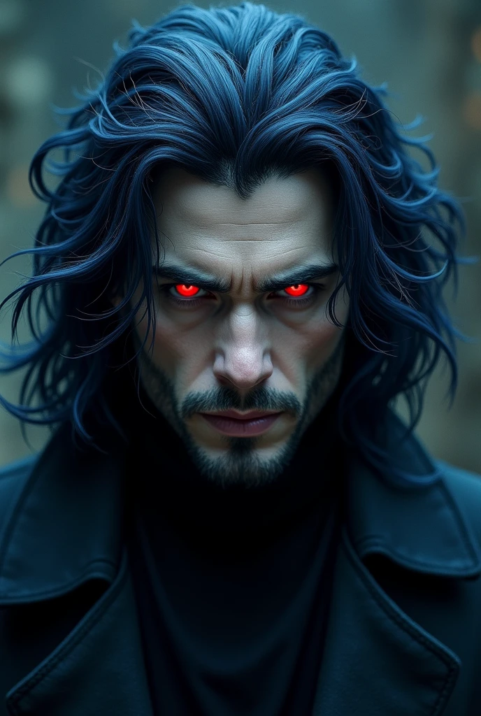 Adult man with red eyes and deep dark blue hair