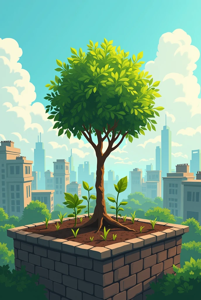 rooftop gardening planting tree in bangladesh,  animated, with revolution. back ground polution
