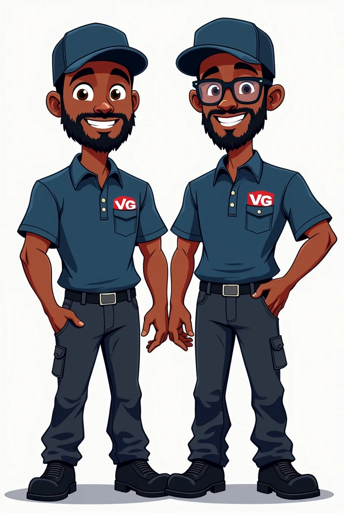 Cartoon Style Illustration: Two air conditioning technicians side by side.
First Technician: dark-skinned, with beard, wearing a cap and a dark blue t-shirt with the inscription "VG Air Conditioning" in the right side pocket. He also wears black pants and black work boots..
Second Technician: dark-skinned, with beard, wearing a cap and a dark blue t-shirt with the inscription "VG Air Conditioning" in the right side pocket. Ele usa óculos de grau He also wears black pants and black work boots..

They are both the same color