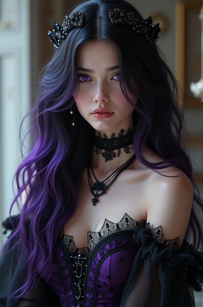 black hair purple and violet highlights in her hair and purple eyes and white skin padia elegant and gothic victorian clothes