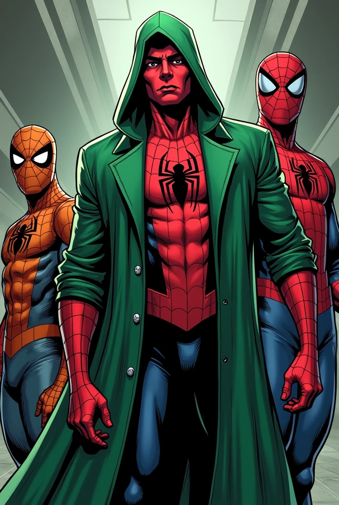 a comic book image of the 3 spider men meme but with doctor doom in its place
