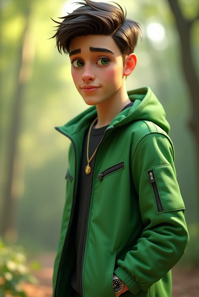 Generate One 3d 23 years old boy image with Green Jacket
