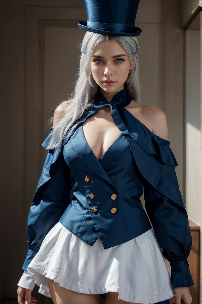 Furina has fair skin and hetero chromic eyes, with dark blue left eyes and light
blue right eyes. her hair is mostly grayish-white, shoulder-length, with perms at the ends, but also has a few blue strands, her wardrobe is dominated by a dark blue suit with a black jabot and gold sleeves, she wears a top hat with a light blue, ultra high quality model, masterpiece, sharp focus, depth of field, unreal engine, perfect composition, digital art on Pixiv Fanbox, artstation, 8k, hdr