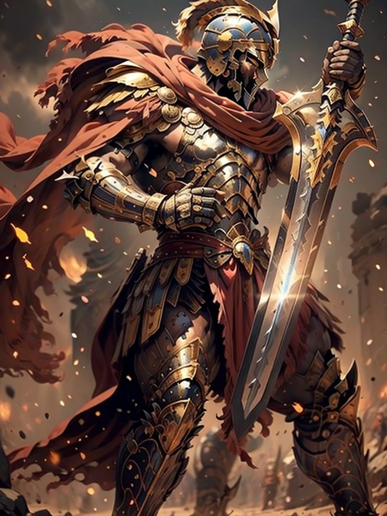 a Roman gladiator, wearing golden armor, helmet, and a sword