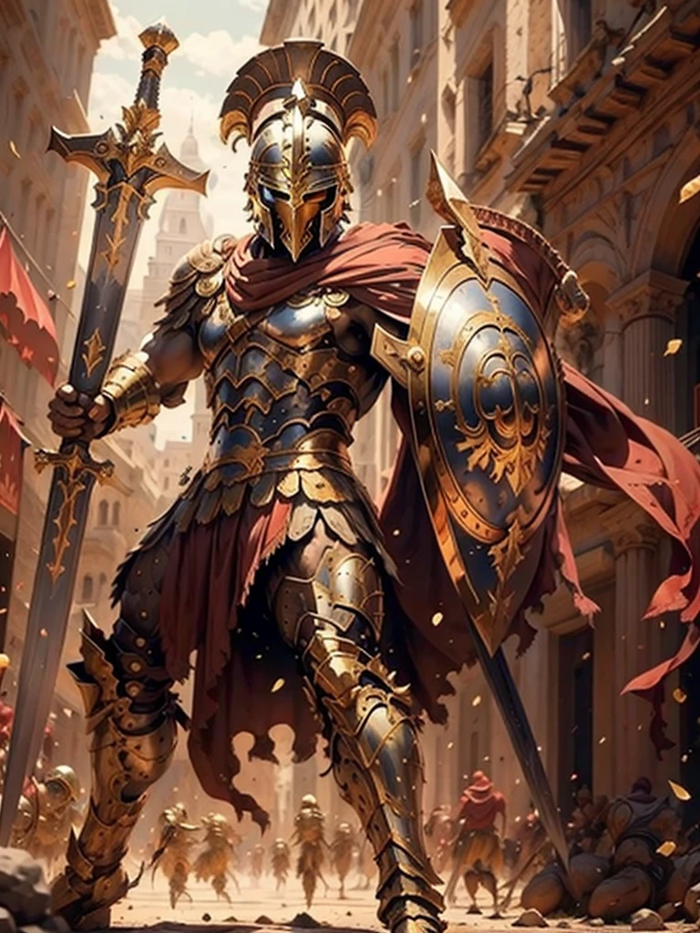 a Roman gladiator, wearing golden armor, helmet, and a sword