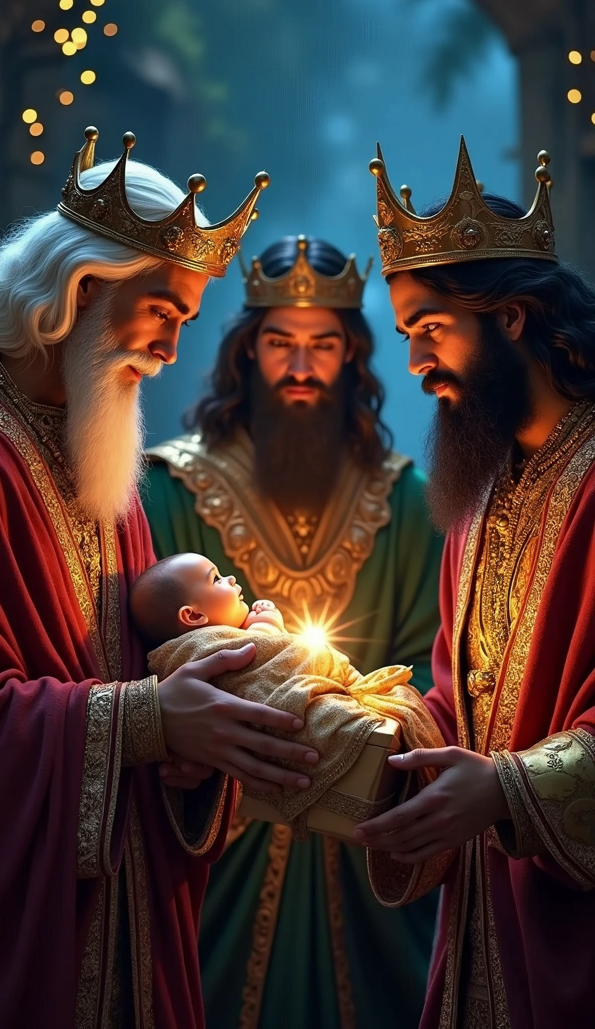Create an epic looking video clip where the Three Wise Men are offering gifts to Baby Jesus, Mary and Joseph in the Nativity scene. Mary, Joseph and Baby Jesus are very beautiful. Baby Jesus looks at the Three Wise Men and looks at the offered gifts and smiles happily. The Three Wise Men of Christmas. They are three very handsome and handsome young kings with beards. They are looking at Baby Jesus with a look of admiration, with a kind gesture, showing confidence, power and showing respect to Baby Jesus. They have very luxurious suits and warrior armor. They have crowns. The first of the three Kings has white hair and beard and is of Norwegian appearance. The second of the three Kings has black hair and black beard and is of Iranian/Persian appearance. The third King is a handsome and bearded young African man. Epic comic style of dark fantasy medieval warrior.