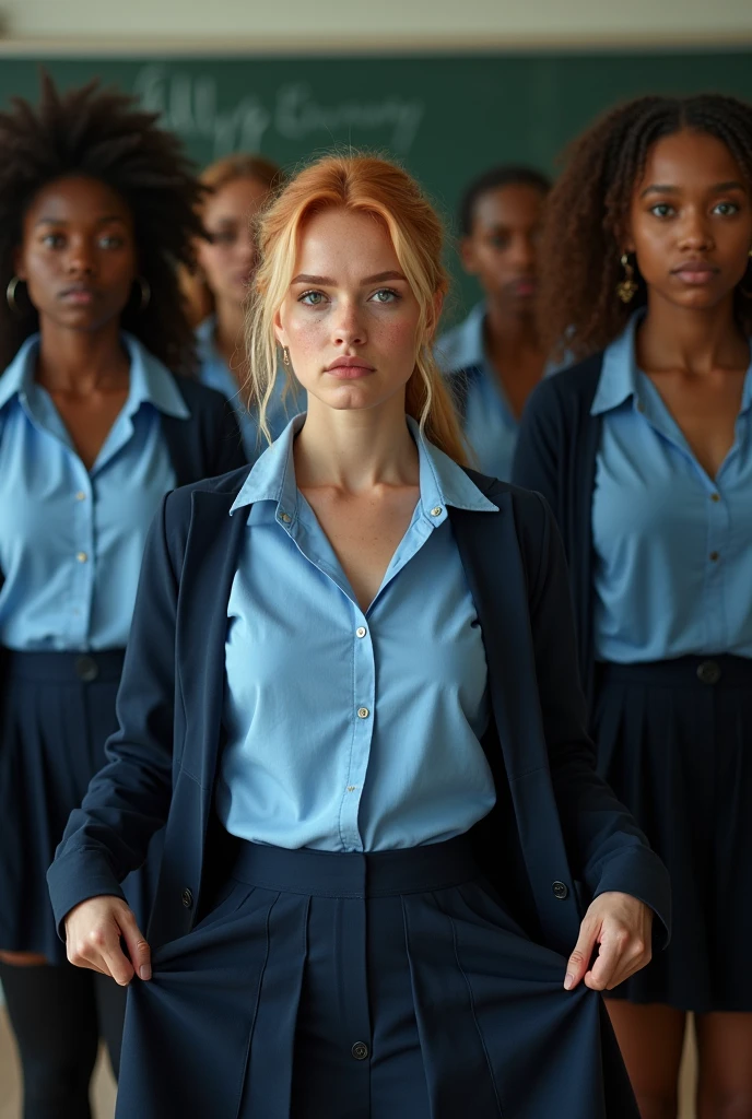 (best quality), (masterpiece:1.2), wide angle photo, full body photo, group photo, 5 women schoolwomen, 21 years old, guilty faces, skin imperfections, acne, chapped lips, sad wistfully, diverse ethicities: ebony, black, white, nordic, indian, diverse hair colors: redhead, blonde, afro, twin braids, heavy freckles, pale skin, makeup, earings, crowded classroom, morning, school, crowd of people, school uniforms, unbottoned blue shirts, tight shirt, alluring pose, black stockings, open jacket, sexy neckline, large neckline, 16k, photorealistic, real photo, nikon d800, (skirt lift), (lifting skirt in one hand), (genitals visible), (private hair).