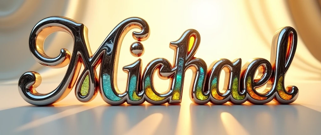 (text:"Michael") The word, in Art Nouveau fancy script text, shiny bright polished silver chrome with coloured glass insets, art nouveau, flowing shapes and flourishes, full sunlight front face view on flat cream silk background, tropical reflection on text, bright highlights, lens flare, logo, badge, emblem, insignia, label, photorealistic, extremely detailed, beautiful, unique, epic, cinematic, sparkling,