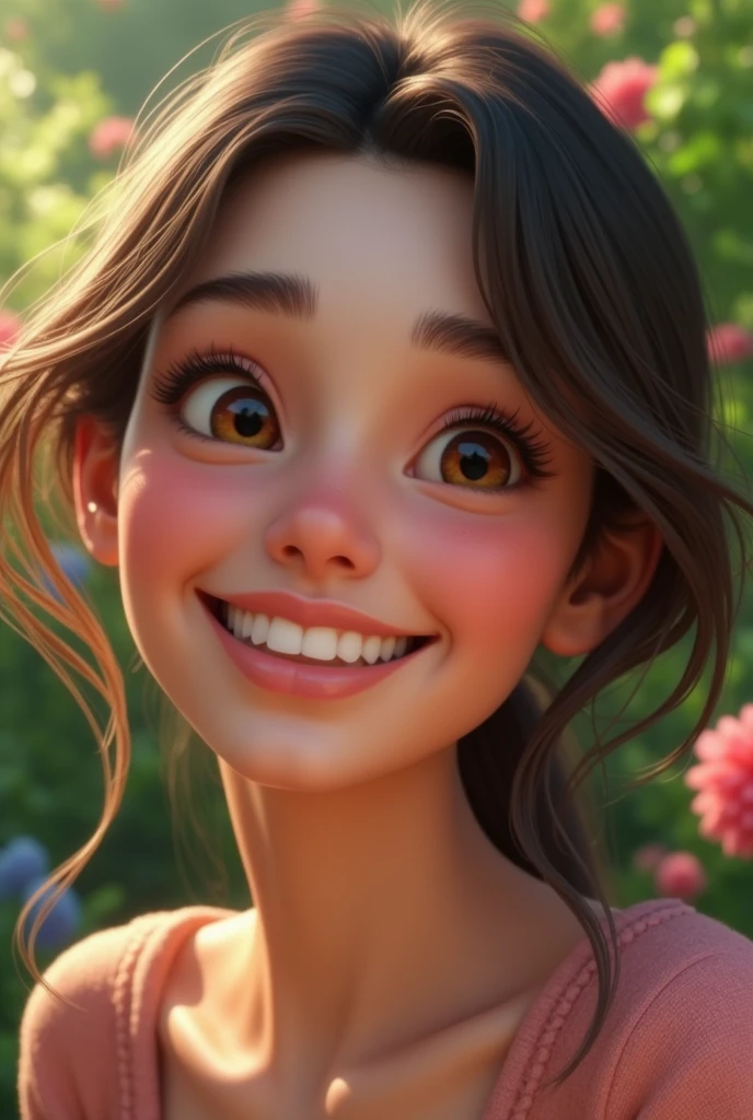 create a 3d ultra high resolution of a woman with a smiling face, that looks happy. Close up view, with with colorful and various plants in the background.