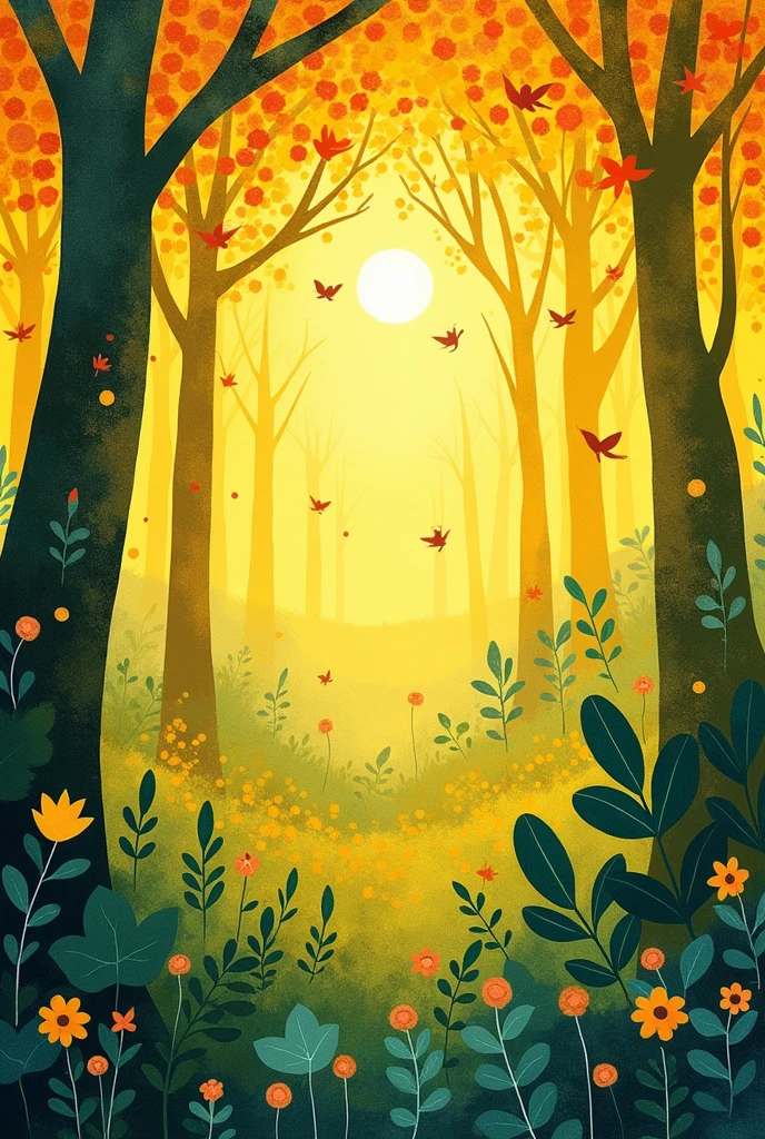 Abstract easy-on-the-eye colourscheme shimmer and lightstreaks butter yellow fantastical naive art henri rousseau childish wild intricate embracing foliage shad- and lightplay for depth various techniques