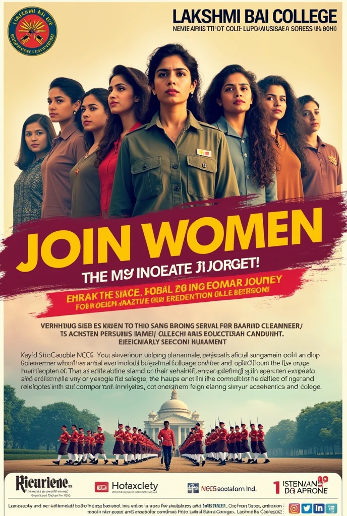 Here's a possible Instagram story:

"Calling all girls of Lakshmi Bai College, University of Delhi!

Join the National Cadet Corps (NCC) and embark on a journey of discipline, adventure, and self-discovery!

Enrollment open for girls in Lakshmi Bai College

Benefits of joining NCC:

- Develop leadership skills
- Improve physical fitness
- Enhance career opportunities
- Make lifelong friends
- Wear the prestigious NCC uniform with pride!

Selection rounds:

- Running
- Sit-ups
- Push-ups
- Talent round

Don't miss this opportunity to be a part of India's premier youth organization!

Contact us for more details and enrollment process.

Let's march towards a brighter future together! #NCC #LakshmiBaiCollege #UniversityOfDelhi #GirlsEmpowerment #YouthDevelopment" 
( Make a poster with these things )