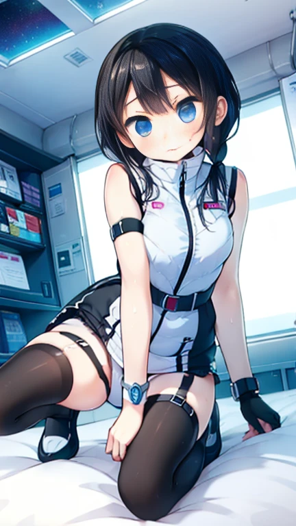 (Highest quality), (masterpiece), 1080P, High resolution, 4K, 8k, Inside the space station、Futuristic room、Thigh straps, Shooting from directly below, The woman on top of me, 白いSweat, Covered , Sweat, Woman looking down, Skirt swimsuit, Thigh-high socks, To achieve this, 16 years old, , whole body, Black leather shoes, Braided hair, Inner Color, Embarrassed face, Short black hair, bracelet, Bedroom,celestial body_Vest