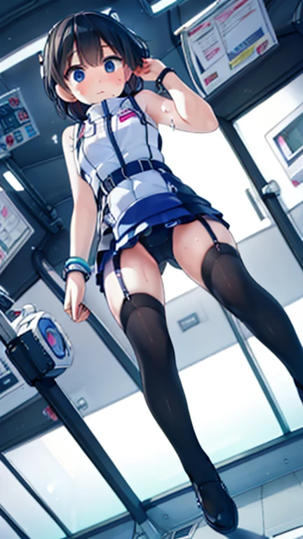 (Highest quality), (masterpiece), 1080P, High resolution, 4K, 8k, Inside the space station、Futuristic room、Thigh straps, Shooting from directly below, The woman on top of me, 白いSweat, Covered , Sweat, Woman looking down, Skirt swimsuit, Thigh-high socks, To achieve this, , , whole body, Black leather shoes, Braided hair, Inner Color, Embarrassed face, Short black hair, bracelet, Bedroom,celestial body_Vest