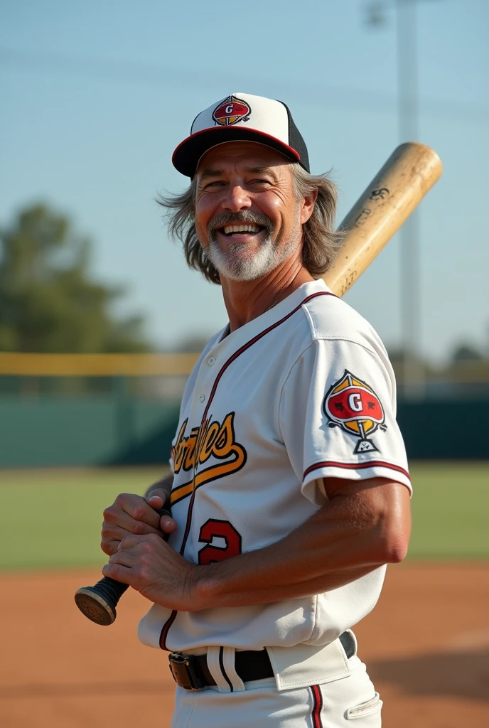 realistic longish shoulder length baseball player man smile hold baseball stick at field wear baseball shirt shoot by fotografer at corner