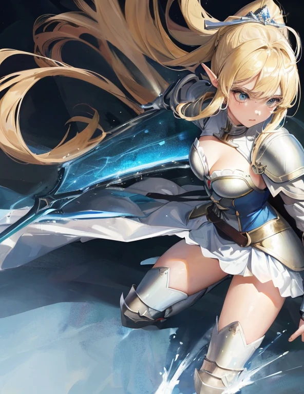 ((masterpiece)), Highest quality, (8k, Highest quality, masterpiece: 1.2), Very detailed, Close-up of a costumed person holding a sword, Concept art inspired by Le Chevalier, Pixiv, Conceptual Art, Wearing light leather armor, Artoria Pendragon, Girl in Armor, Light blue armor, Opal Armor, Zodiac Knight Girl, Wearing light armor, cushart krenz, 魅惑的なElf Princess Knight, Close-up of a costumed person holding a sword, Wearing light leather armor, Artoria Pendragon, Girl in Armor, Light blue armor, Opal Armor, Zodiac Knight Girl, Wearing light armor, cushart krenz, alluring Elf Princess Knight, rogue anime girl ayanami rei, Elf Princess Knight, Shiny white armor, Women Clergy,Blonde,Thighs,boots,Cleavage,Armpit,White underwear