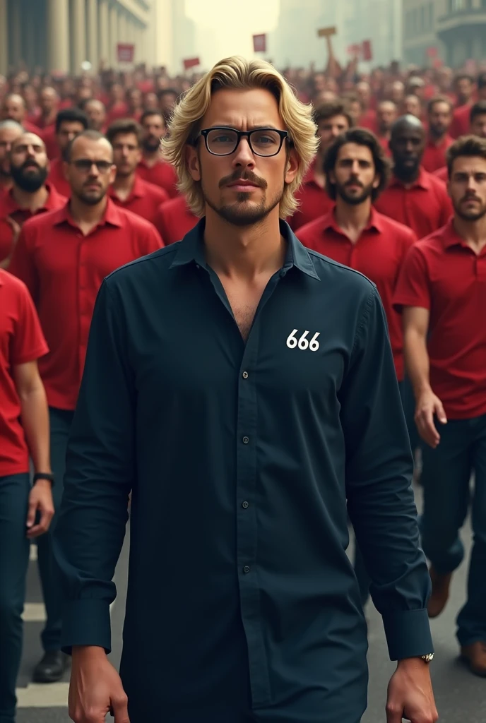 Young man approaching 30 years old, big blonde hair with mustache and glasses, wearing a long dark blue dress shirt, on his shirt is the number 666 in white in a very tiny size , behind him a crowd dressed in red shirts behind angry