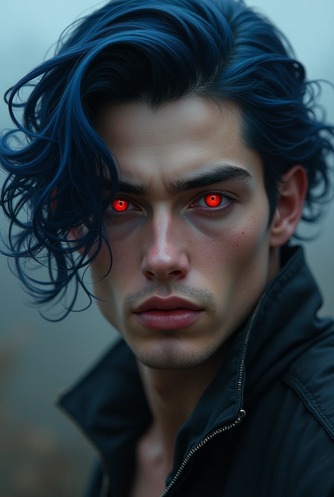 Handsome 23 year old man with red eyes and deep dark blue hair